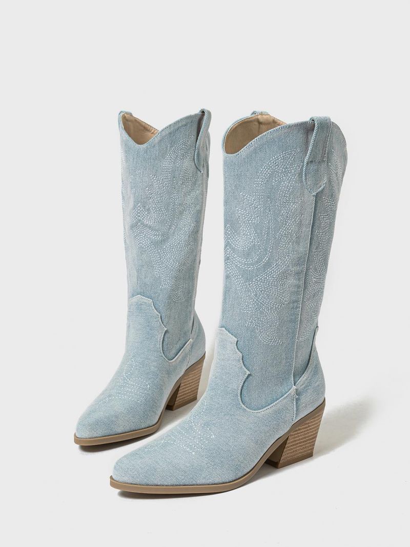 Stivali da cowboy retrò ricamati CMY con tacco spesso e punta, stivali da donna_voghion.com