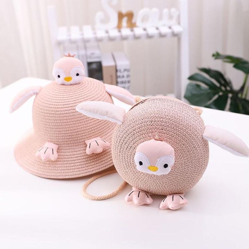 Borsa carina per bambini a forma di pinguino, turismo da spiaggia in paglia intrecciata, shopping, cappello parasole, cappello da vasca con cartoni animati_voghion.com