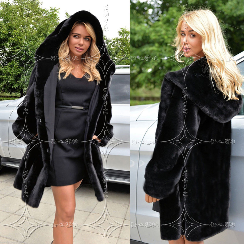 Women's imitation rabbit hair with hat imitation fur coat plush medium long_voghion.com