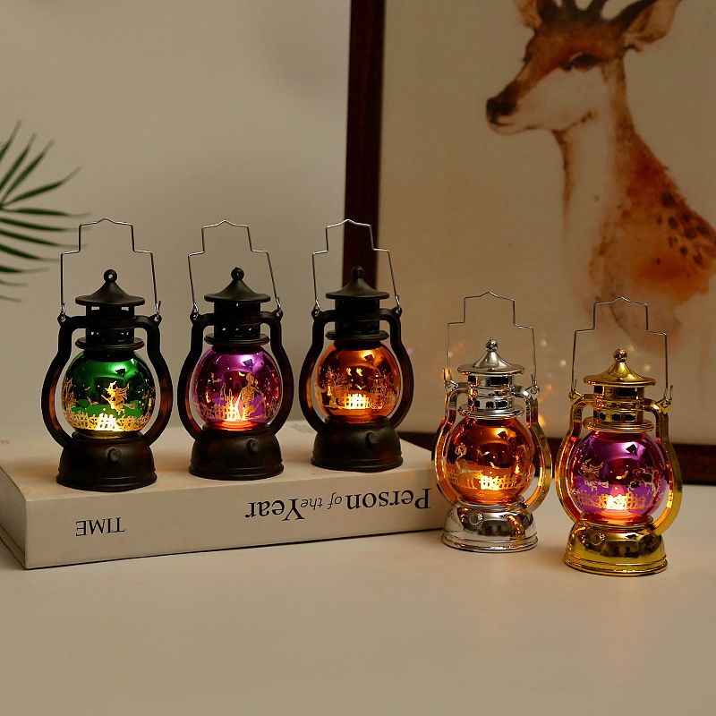 Vintage Halloween Laser Pumpkin Lantern - Witch, Skull & Pumpkin Design, Decorative LED Oil Lamp For Party, Bar & Home Decor_voghion.com