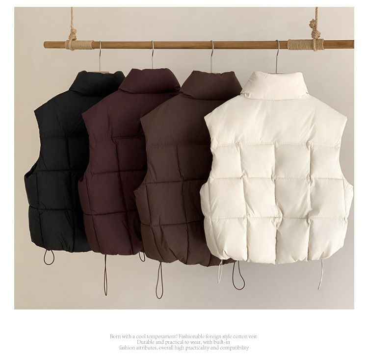 Gilet corto imbottito da donna con collo alto, giacca leggera trapuntata in cotone imbottito, cappotto casual senza maniche dalla vestibilità slim per taglie piccole e forti_voghion.com