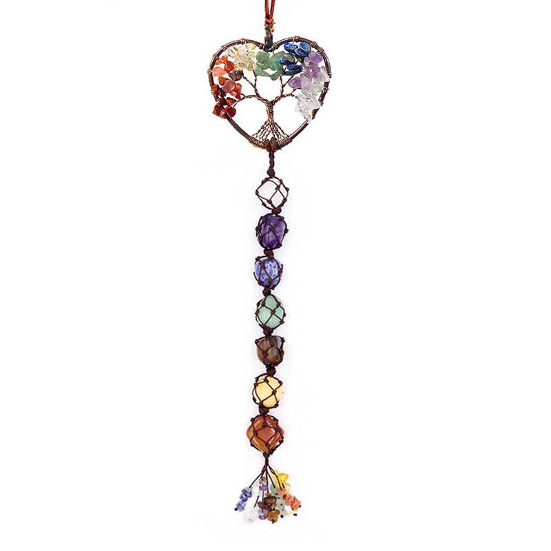 Handwoven 7-Color Crystal Gemstone Tree Of Life Car Hanging Ornament, Dreamcatcher Pendant, Boho Home Decor, Natural Stone Beaded Charm_voghion.com