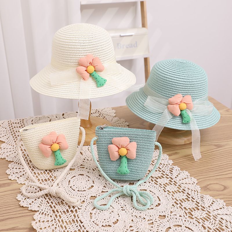 Set di borse di paglia estive per bambine con protezione solare per bambini, dolce e carina bambina, cappello parasole a tesa larga, cappello alla moda_voghion.com