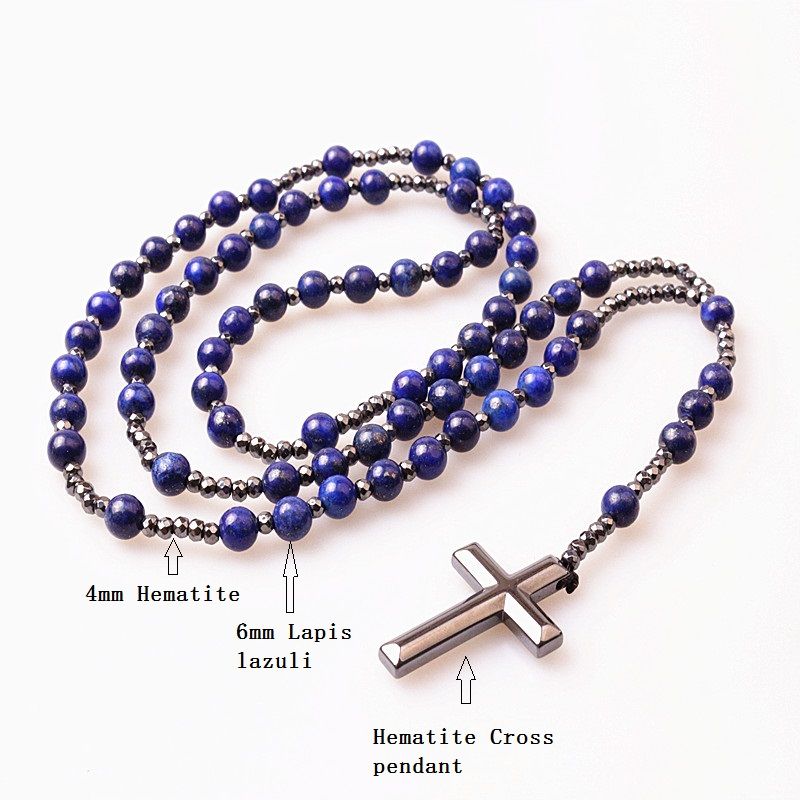 Vente chaude 6mm Lapis Lazuli Pierre Perle Hématite Pour Hommes Femmes Catholique Christ Chapelet Croix Pendentif Collier Dropshipping_voghion.com