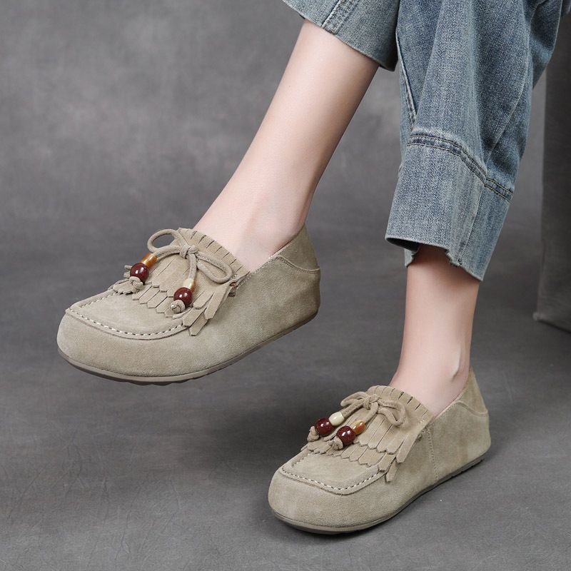 Jishu 2025 Autumn New Beaded Tassel Single With Hidden Wedge Loafers Genuine Leather Slip-On Shoes For Women, Two-Way_voghion.com