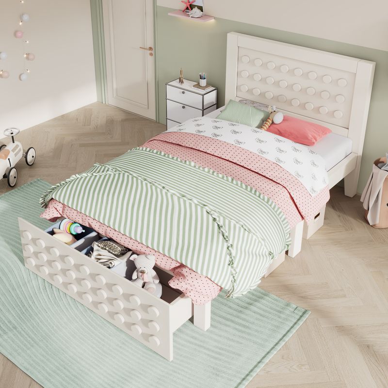 Holzbett 90x190cm Mit Blockdesign, Massivholz, Schubladen, Stauraum, Blanc_voghion.com