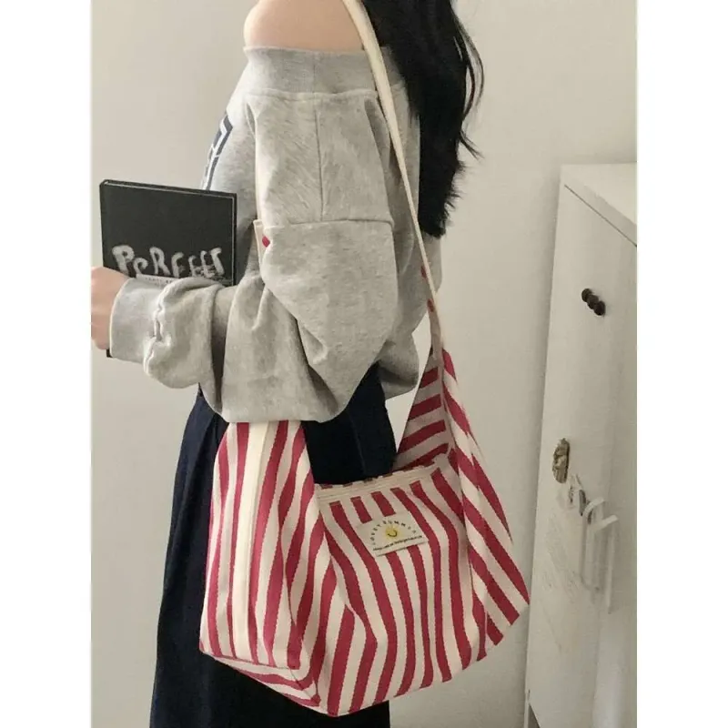 Yuxia | Capacity Striped Tote Women, Simple Fashion Shoulder For Class And Commute, Large Canvas Bag_voghion.com