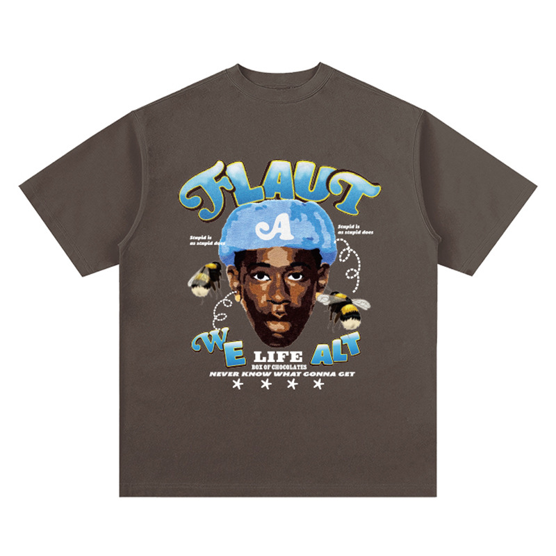 Sjov hiphop-T-shirt med store, røde, løse skuldre og digitaltrykt spray til mænd og kvinder_voghion.com