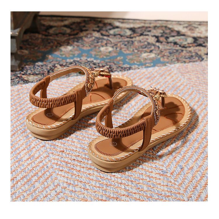 Sandale Weibliche Sommer Strass Flache Runde Kopf Prise Füße Offene Spitze_voghion.com