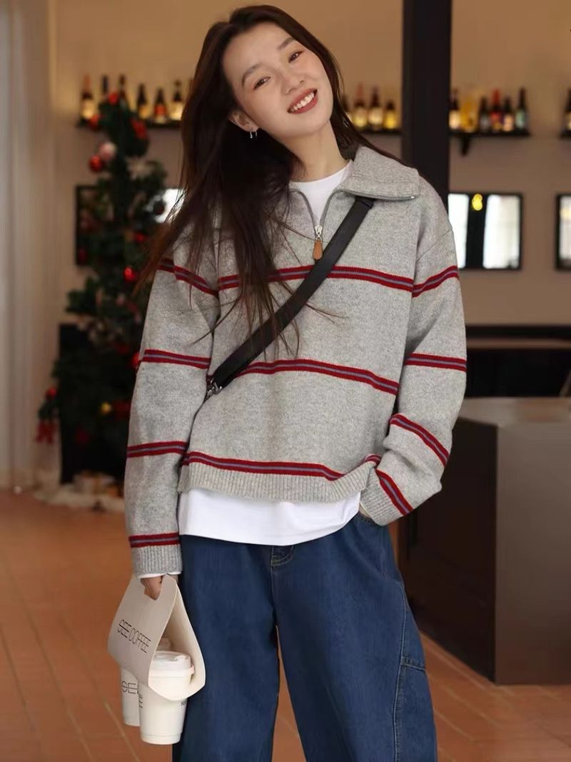 Wolle Koreanischen Stil Gestreiften Half-Zip Polo Kragen Pullover Für Frauen 2024 Neue Lose Faul Gestrickte Top_voghion.com