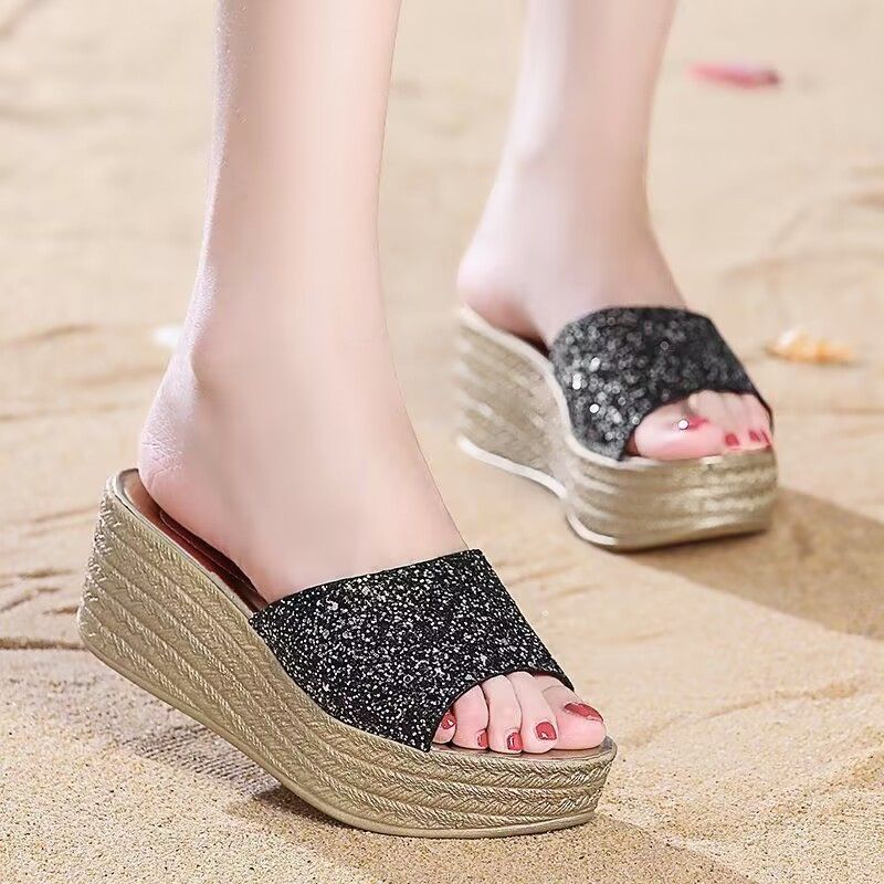 2025 Summer New Flat Sandals Women's Thick Sole High Heel Fish Mouth Sequin Slippers Factory Goods Direct_voghion.com