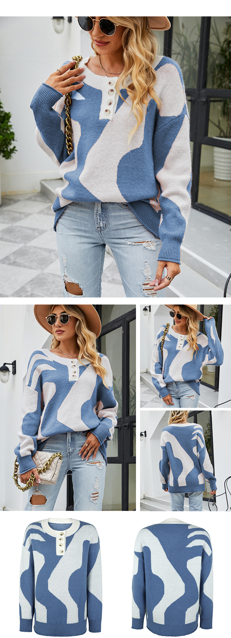 Lässiger Pullover mit Rundhalsausschnitt und Rauten-Jacquard-Farbkontrast_voghion.com