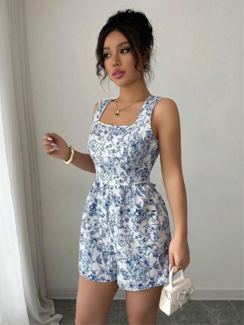 Tuta senza maniche con fiocco floreale, scollo quadrato, stampata, gamba larga, snellente_voghion.com