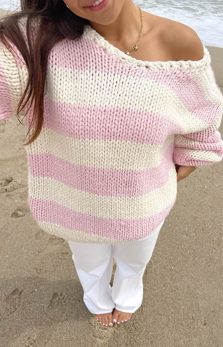 Oversized Dopamine Stripe Knit Sweater - Soft Fashion Drop Shoulder Top For Women, Sweet & Cozy Fall Winter Casual Wear_voghion.com