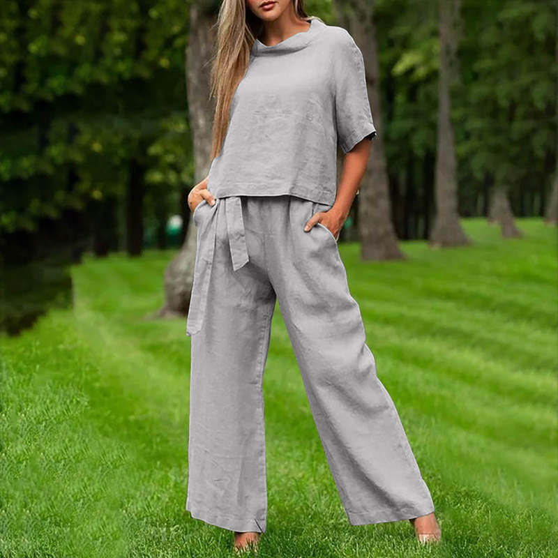 Fraen nei Summer Kuerzärmel Ronn Hals Plus Size Dammekleeder Casual Zwee-Stéck Kostümer fir Fraen_voghion.com