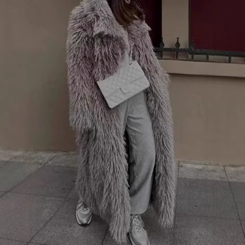 Abrigo largo de felpa para mujer, chaqueta cálida de invierno de piel sintética gris, elegante prenda exterior para ocasiones sociales de otoño e invierno._voghion.com