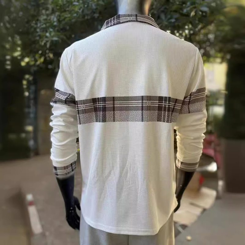 Suitable For All Seasons 2024 New Men's Casual Polo Shirt Color Block Plaid Button Waffle Print Long Sleeve_voghion.com