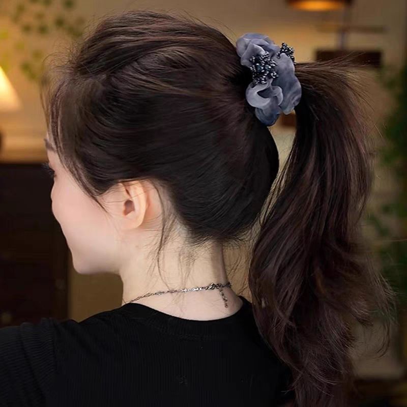Elegante accessorio per capelli da donna, elastico per capelli in organza con perline di cristallo grigio fatto a mano_voghion.com