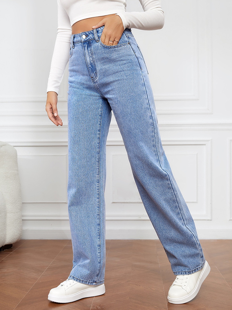 Damkläder i het stil, stretchtvättad denim mode raka byxor jeans dambyxor_voghion.com