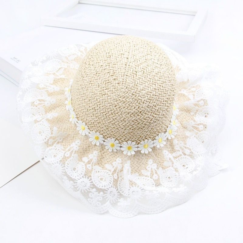 Chapeau de paille de plage pour enfants, mode, été, princesse, dentelle, protection solaire_voghion.com