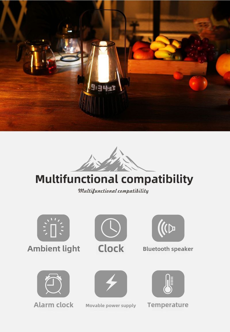 Venkovní Bluetooth reproduktor - LED osvětlení, budík, mobilní napájecí zdroj, ukazatel teploty, přenosný, vodotěsný, vhodný pro kempování, turistiku_voghion.com