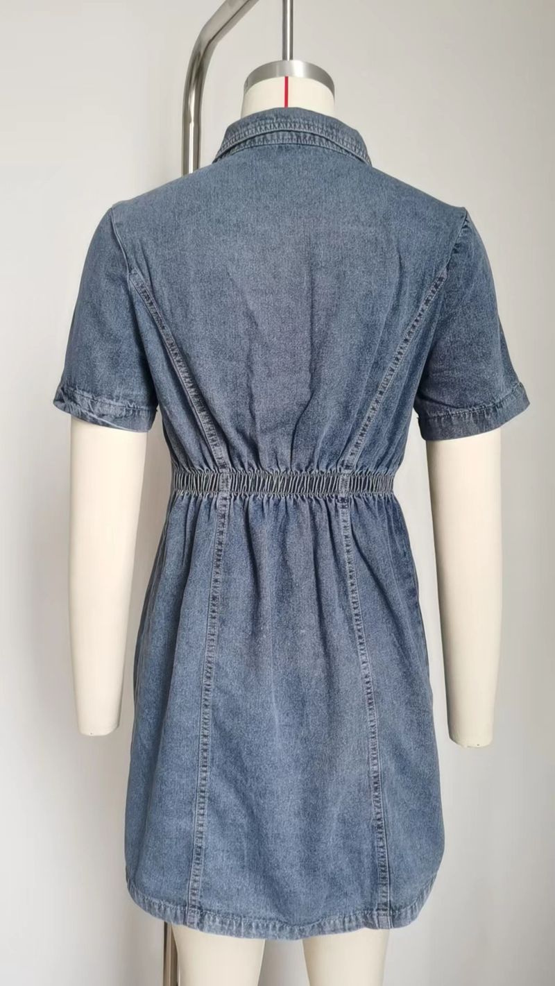 new hot girl elastic waist one-row denim dress trendy_voghion.com