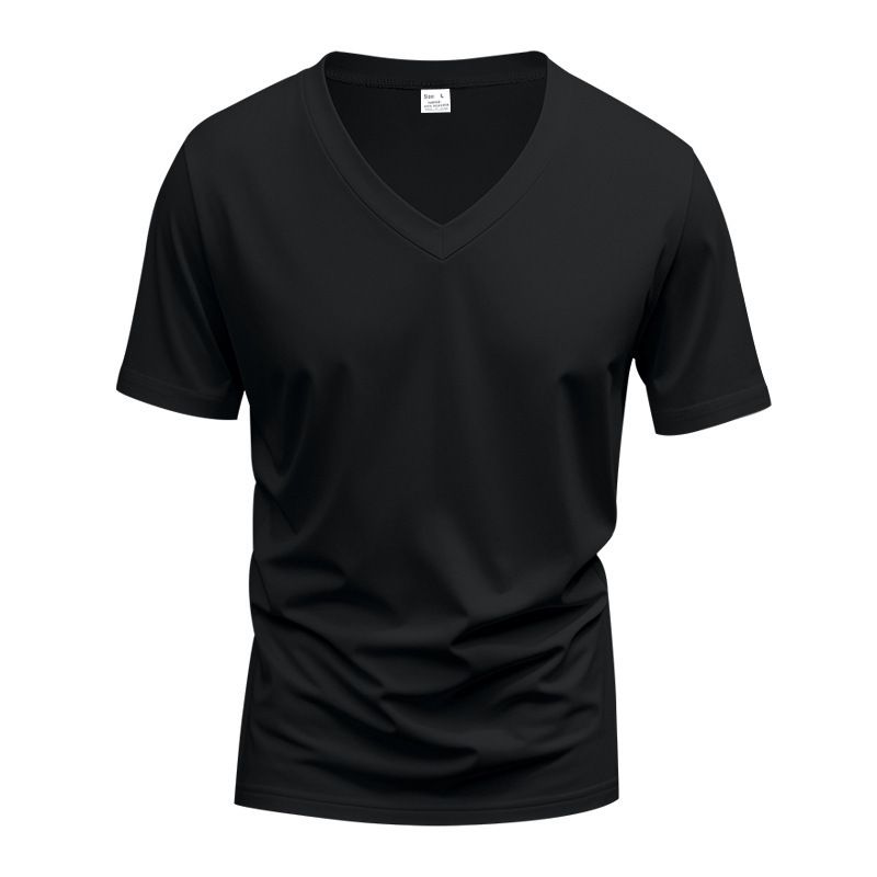 Summer Solid Color V-Neck Tight Fitting Base Shirt Men's White Slim Fit Short Sleeved T-Shirt Round Neck Fashionable_voghion.com
