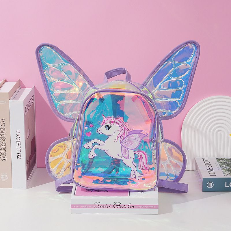New Fashion Laser Butterfly Wings Back Decor Children's Backpack Cute Unicorn Transparent TPU Fashion Backpack_voghion.com