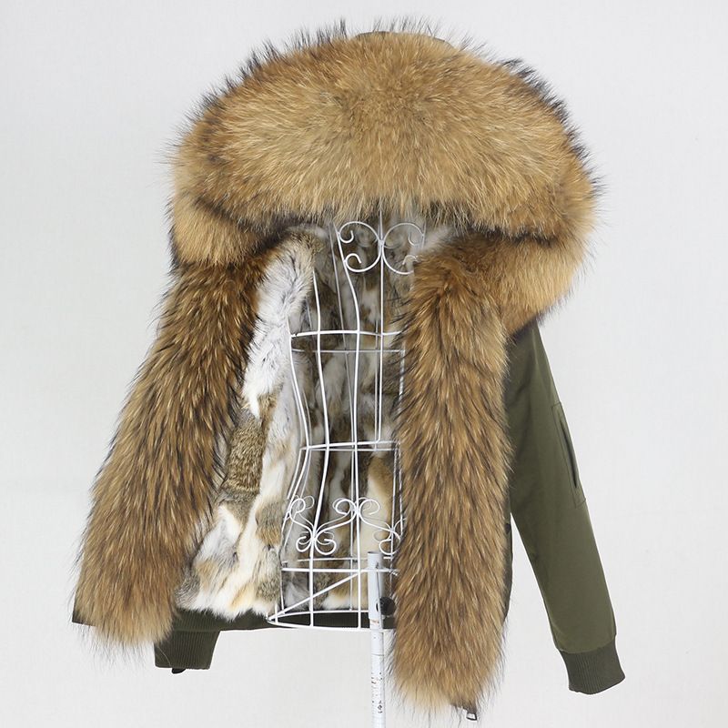 Damenbekleidung Parka im neuen Stil mit dickem Kaninchenfellfutter, abnehmbarem echtem Fuchspelz, großer Pelzkragenjacke, Pelzmantel_voghion.com