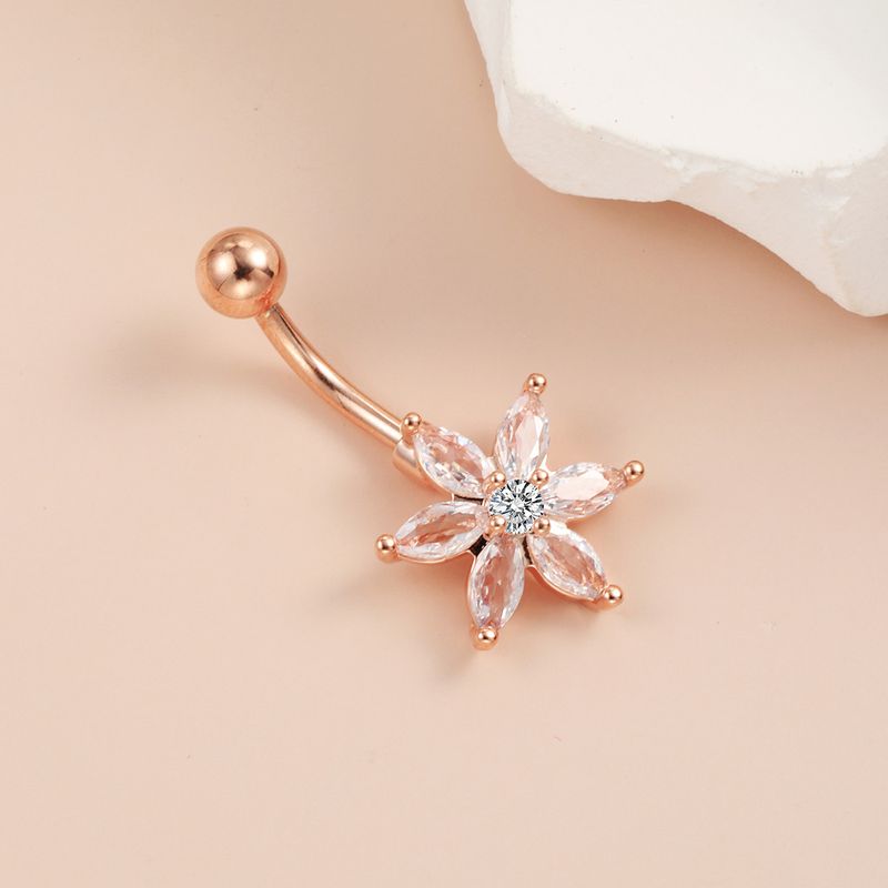 Anello per ombelico a forma di fiocco di neve con fiore portafortuna - Gioiello per piercing con diamanti (ipoallergenico, design alla moda)_voghion.com