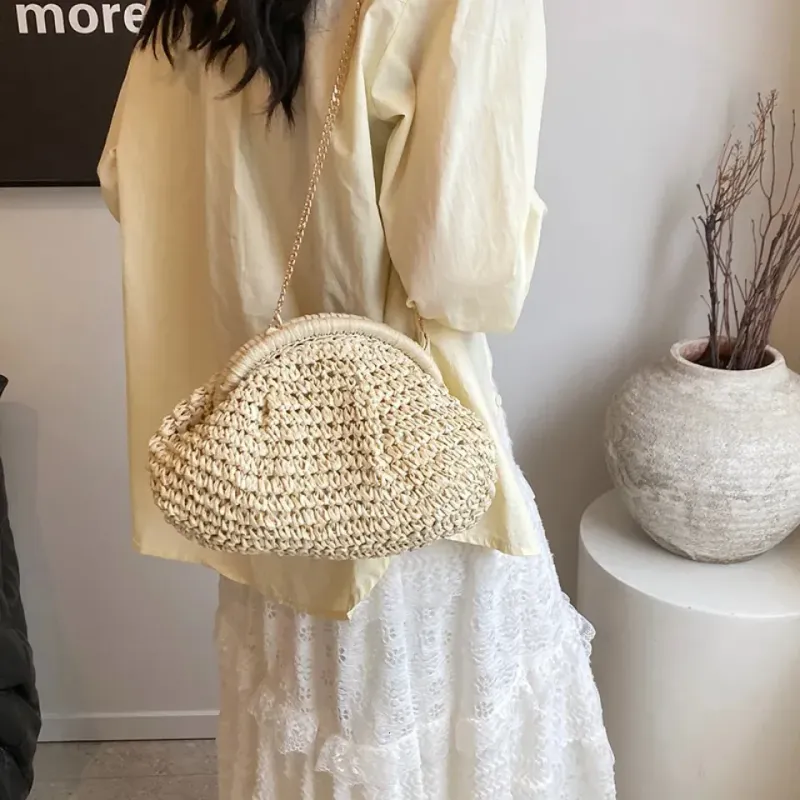 Borsa da donna in paglia intrecciata con tracolla a catena, grande capacità, elegante, a tracolla, tinta unita, per spiaggia estiva, 250614l_voghion.com