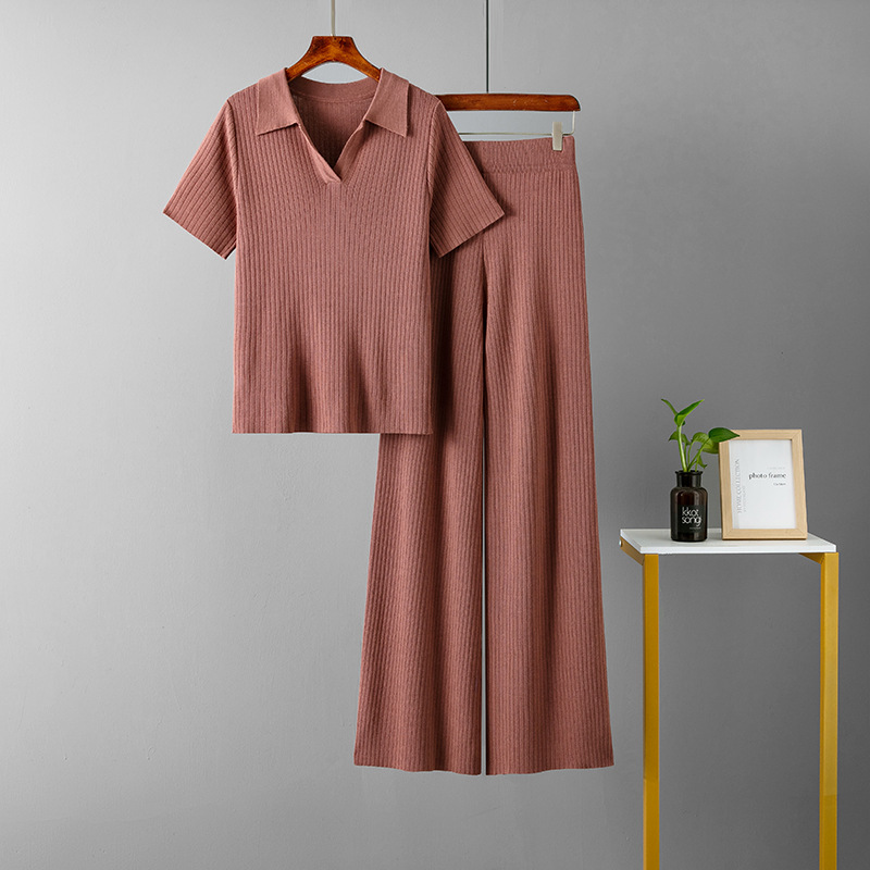 Women's clothing Polo collar pullover short-sleeved top + thin all-match solid color wide-leg trousers knitted fashion suit_voghion.com