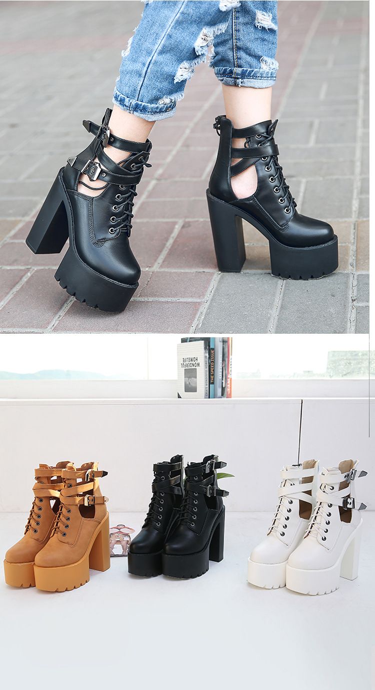 European & American Waterproof Platform Thick Sole Side-Open Lace-Up Back Zipper Chunky Heel Short Boots Women's Boots_voghion.com