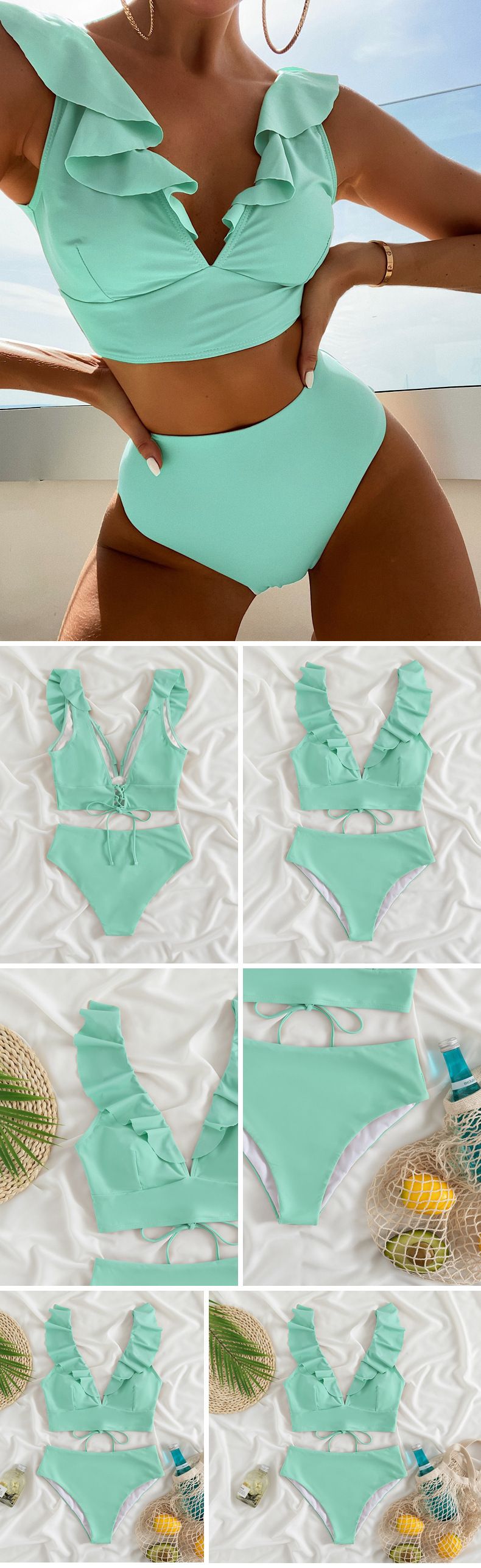 Maillot de bain fendu multicolore à volants et col en V pour femme, bikini taille haute fendu_voghion.com