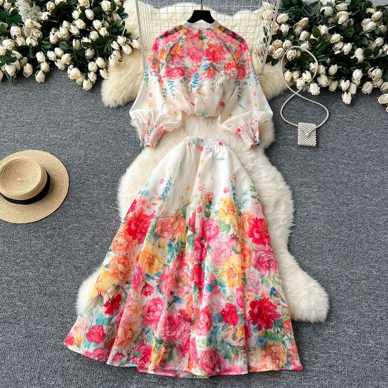Women's clothing women's two-piece suit, ladylike temperament, lantern sleeve button-down slim-fitting top, high waist printed mesh skirt_voghion.com