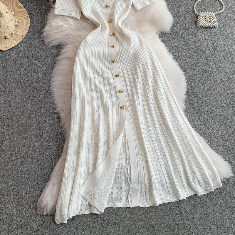 Abito da donna con risvolto e maniche corte, nuovo stile, con fibbia in metallo, vita sottile, gonna lunga lavorata a maglia a coda di pesce_voghion.com