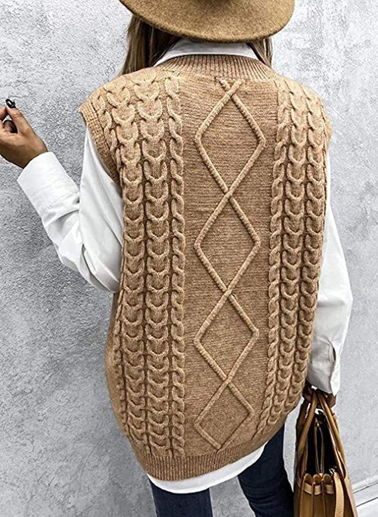Gilet oversize in maglia a trecce per donna – Maglione senza maniche con scollo a V spesso in morbido acrilico_voghion.com