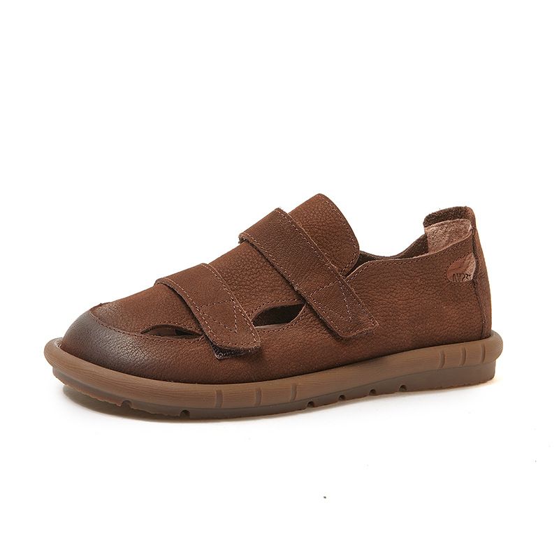 Genuine Leather Women's Sandals Summer Velcro Design Casual Sole Soft Surface Suede Cowhide Flat Shoes_voghion.com