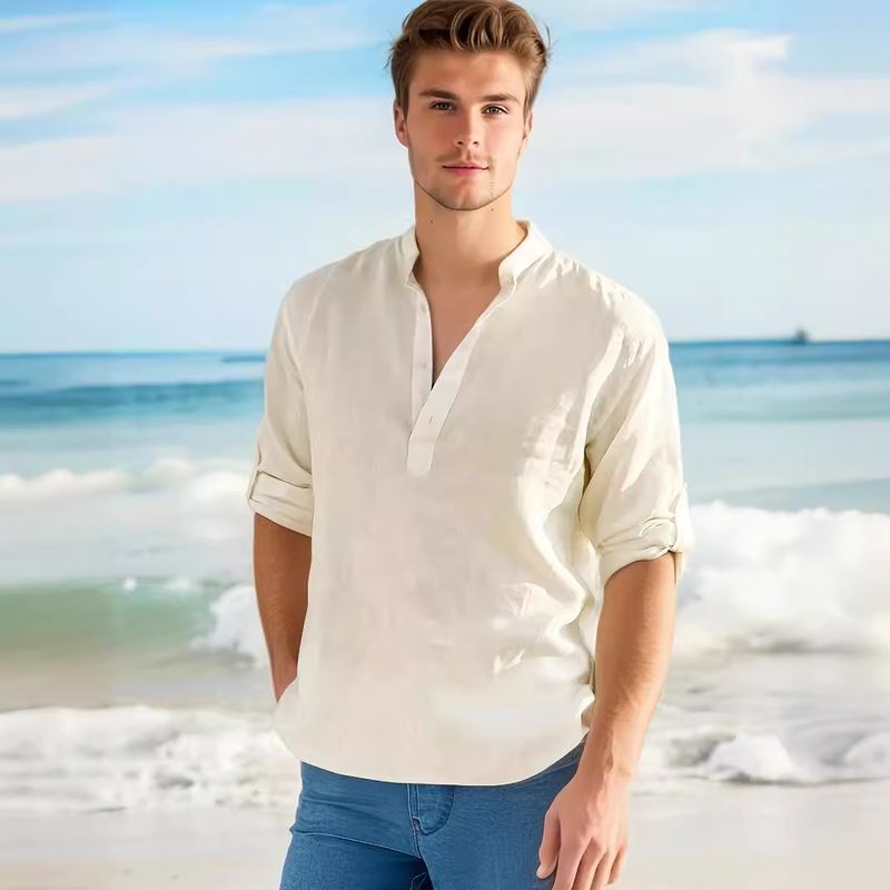 Camicia in lino a maniche lunghe, tinta unita, vestibilità comoda, da uomo, 2024_voghion.com