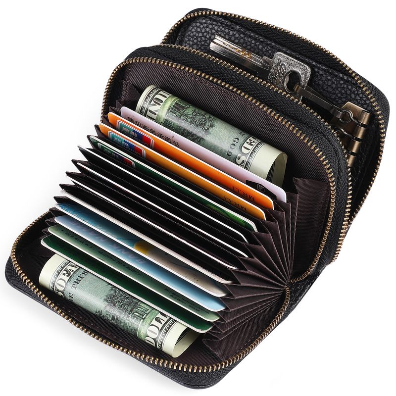 First Layer Cowhide Double Layer Zipper Organ Card Holder Women's rfid Anti-Magnetic Leather Key Case Card Holder ID Card Holder_voghion.com