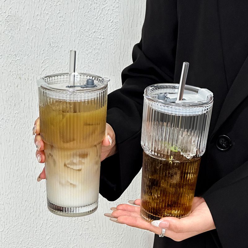 Tazza per acqua in vetro a righe verticali con coperchio e cannuccia, grande capacità, per bevande fredde di alta qualità e succo di caffè_voghion.com