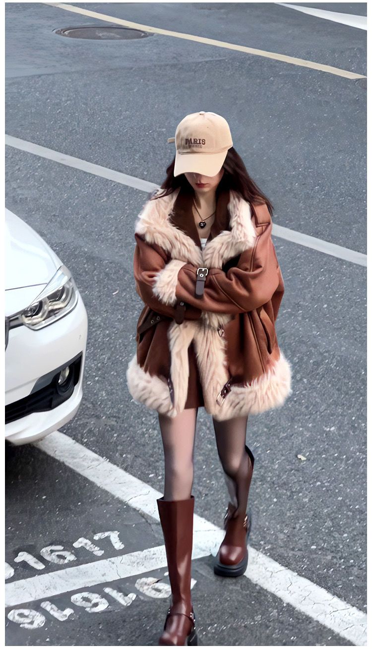 Cappotto in pelle di pecora in stile americano per donna, giacca da motociclista invernale in pelle scamosciata spessa foderata in pile, design di alta qualità_voghion.com