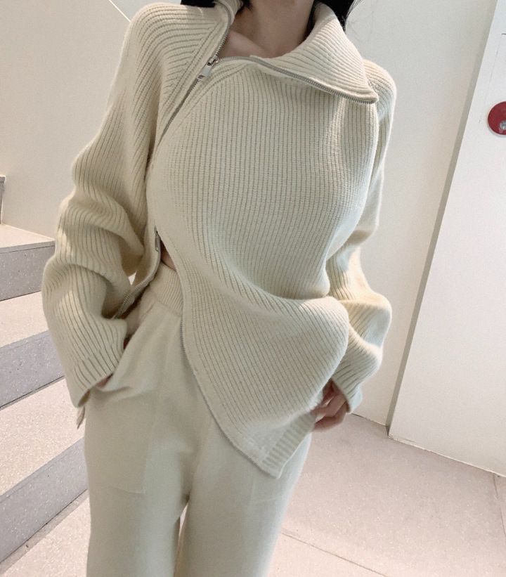 Damenbekleidung High Neck Zip-Up Strickpullover Winter Oversize Pullover Chic Casual White Cropped Top_voghion.com