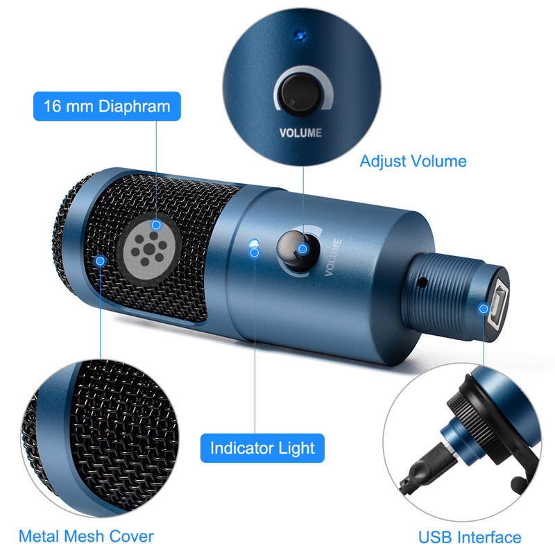 USB-Mikrofon, blaues Metall, Streaming-Nierenmikrofon, Kondensatormikrofone für Laptop-PC, Gesangsaufnahmen, Youtube-Streaming_voghion.com