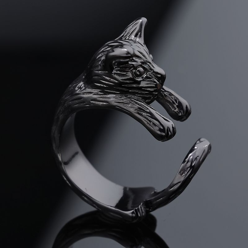 Jewelry Personality Trendy Brand Little Cat Women's Ring Black Stainless Steel Band_voghion.com