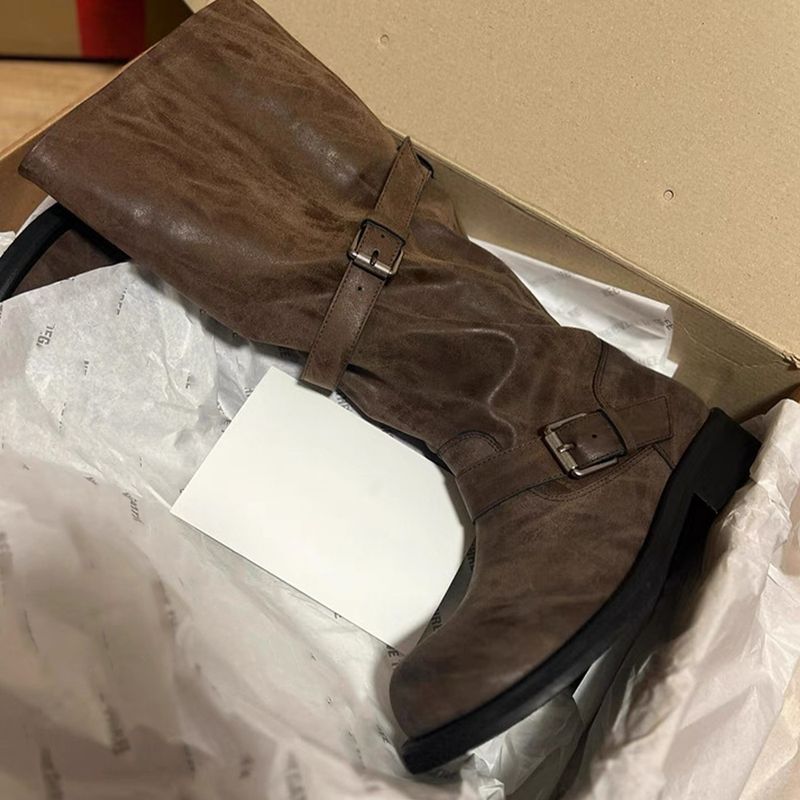 Cowhide Version~Korean Version Wide Tube Color Rubbing Sole Retro High Women's Pile Thick Heel Long Knight Boots_voghion.com