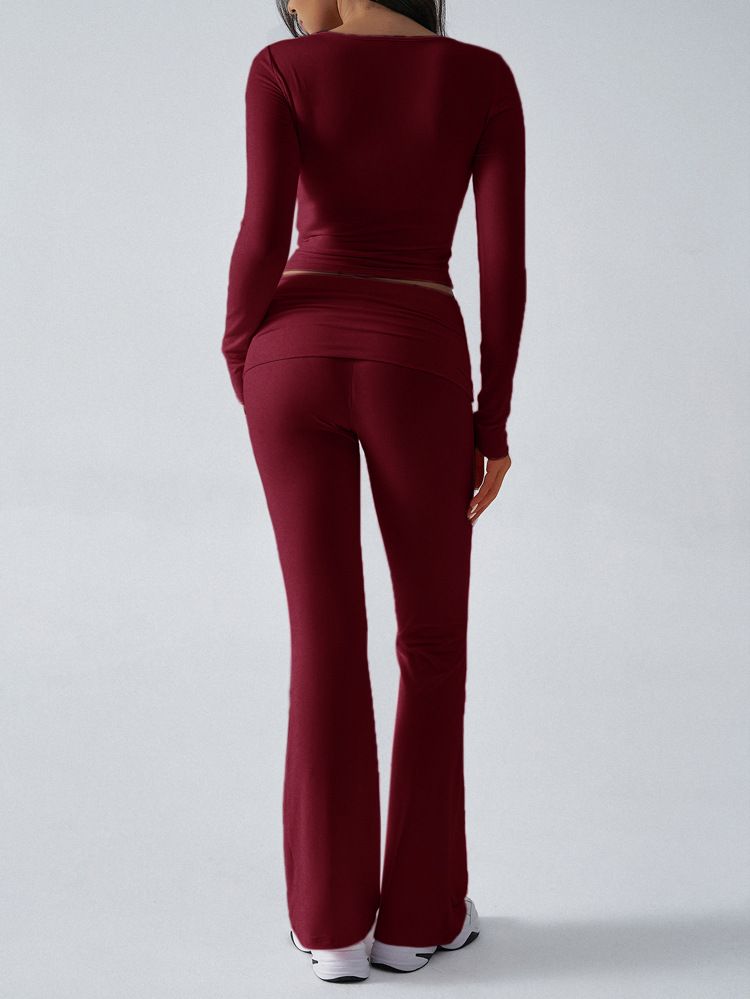 KaiKuo 2024 Automne Hiver Femmes Y2K Décontracté Sport Style Couleur Unie Haut Pantalon Évasé Ensemble 2 Pièces_voghion.com