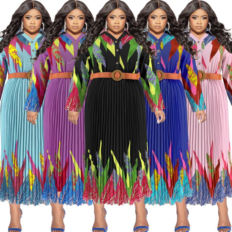 Damenbekleidung Große Größe Herbst Offene Brust Plissee Langarm Kleid Quelle_voghion.com