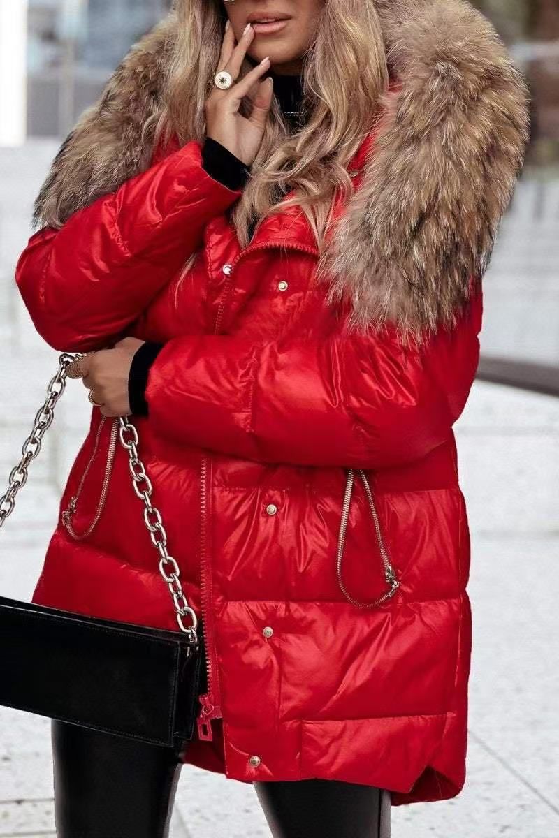 "Casaco de inverno elegante com acabamento em pele sintética – Jaqueta longa de lã com estampa de floco de neve para mulheres (mistura de pele de carneiro, 6 tamanhos, 3 cores clássicas)"_voghion.com