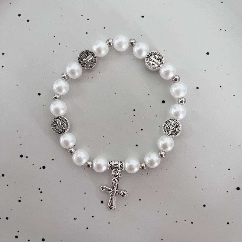 Artificial Pearl Cross Handmade Elastic Beaded Bracelet Jewelry Gift_voghion.com